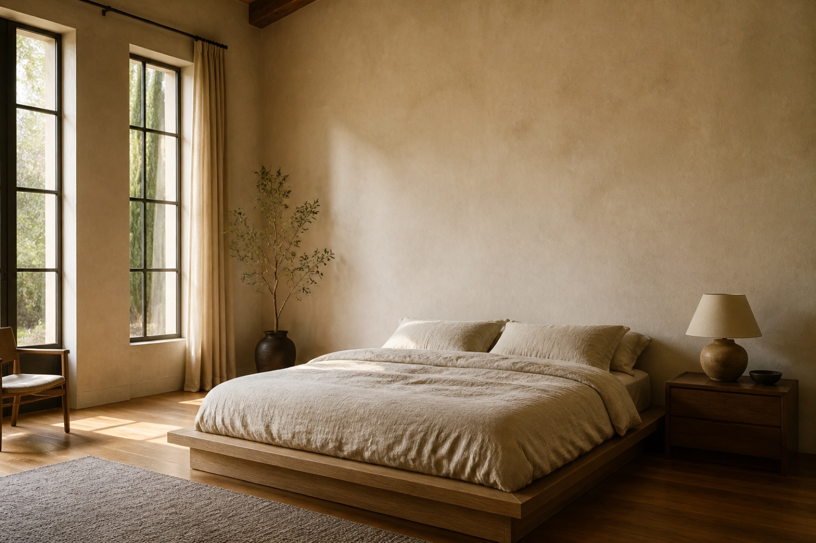 A bedroom with a low oak platform bed and a panelled headboard in morning light
