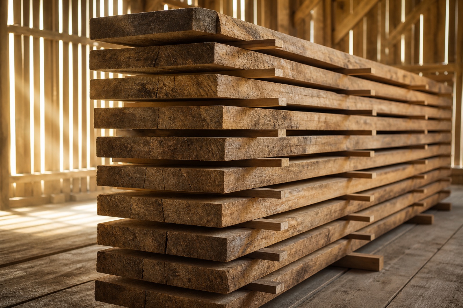 Rough-sawn hardwood boards air-drying in a timber shed, stickered between layers