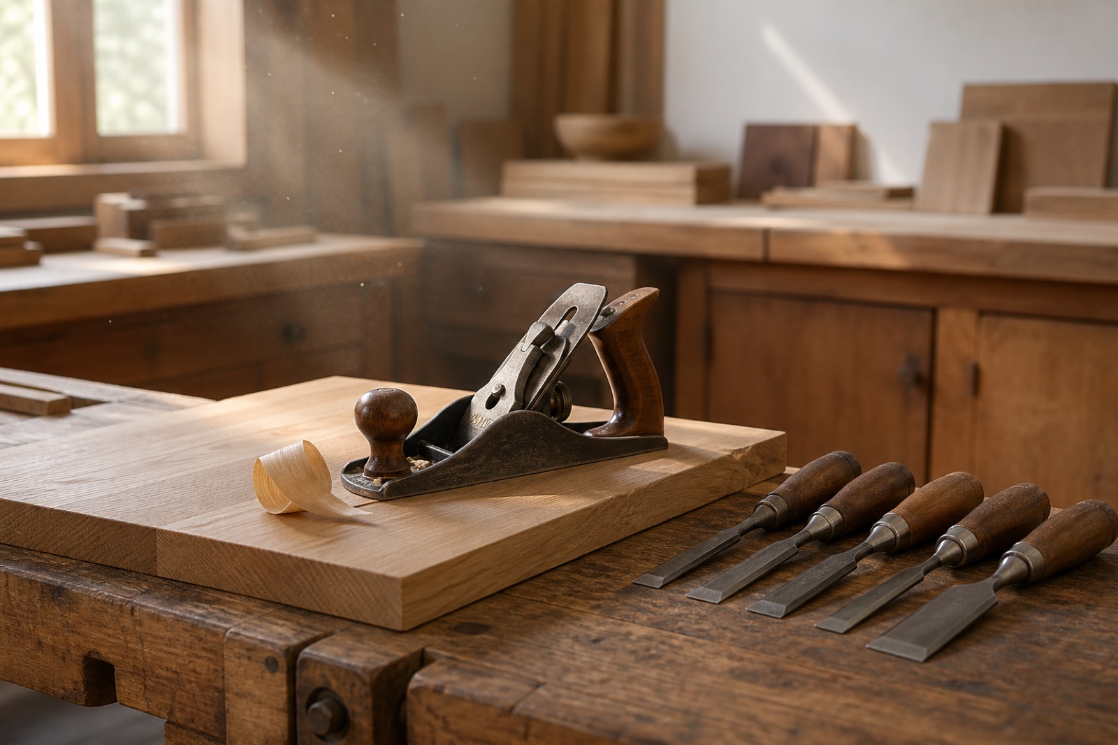 A hand plane resting on a half-finished oak board, shavings beside it